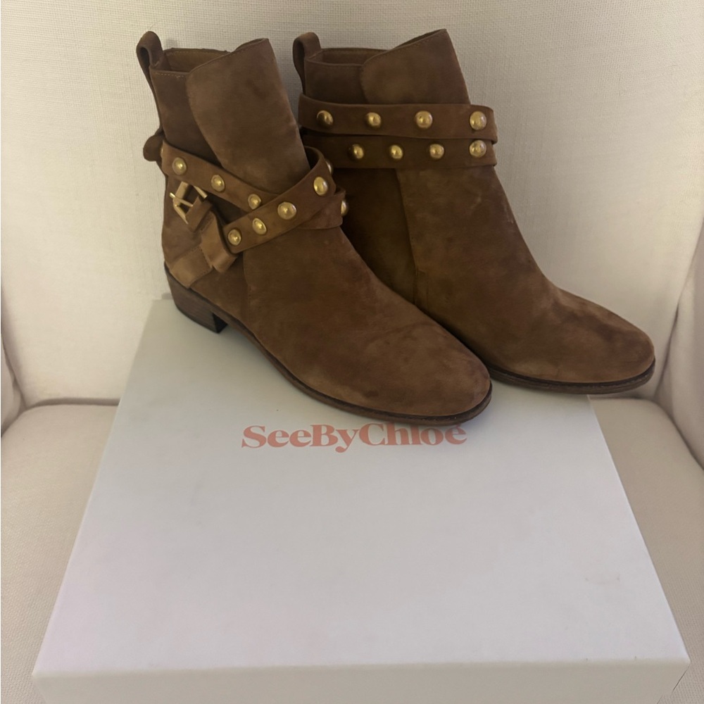 See By Chloe Suede Booties with Gold Stud Straps